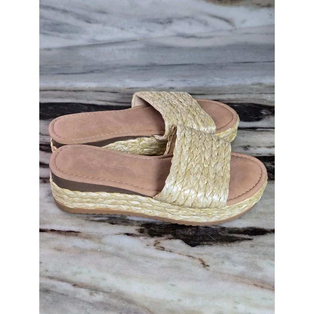 Roolee Woven Straw‎ Platform Slide Sandals Natural Tan Braided Raffia Size 7.5